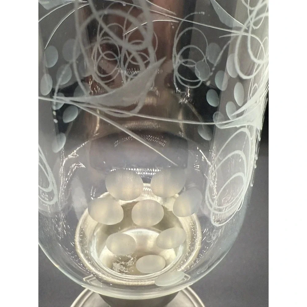 Vintage Web Pewter Hurricane Candle Holder Etched Glass Shade Mid Century MCM
